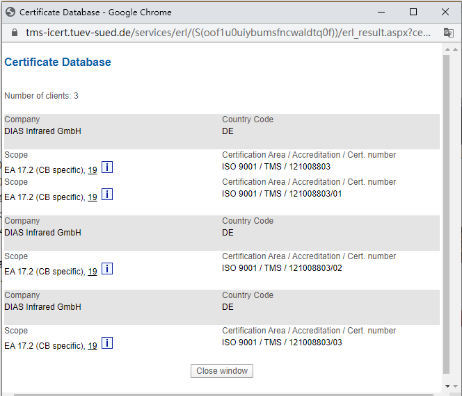 德國DIAS紅外公司TUV證書查詢結果